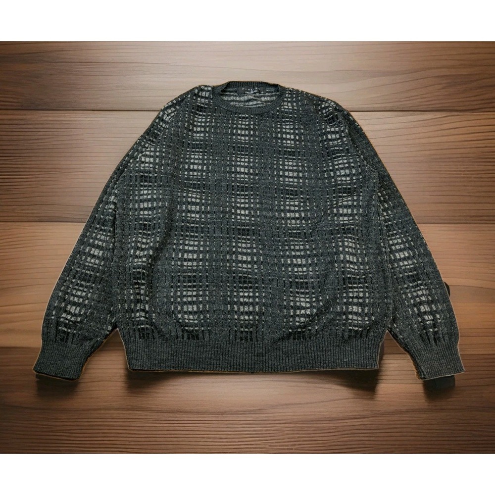 Protege Collection Sweater Mens Large Striped 3D Textured Acrylic Black Grey VTG